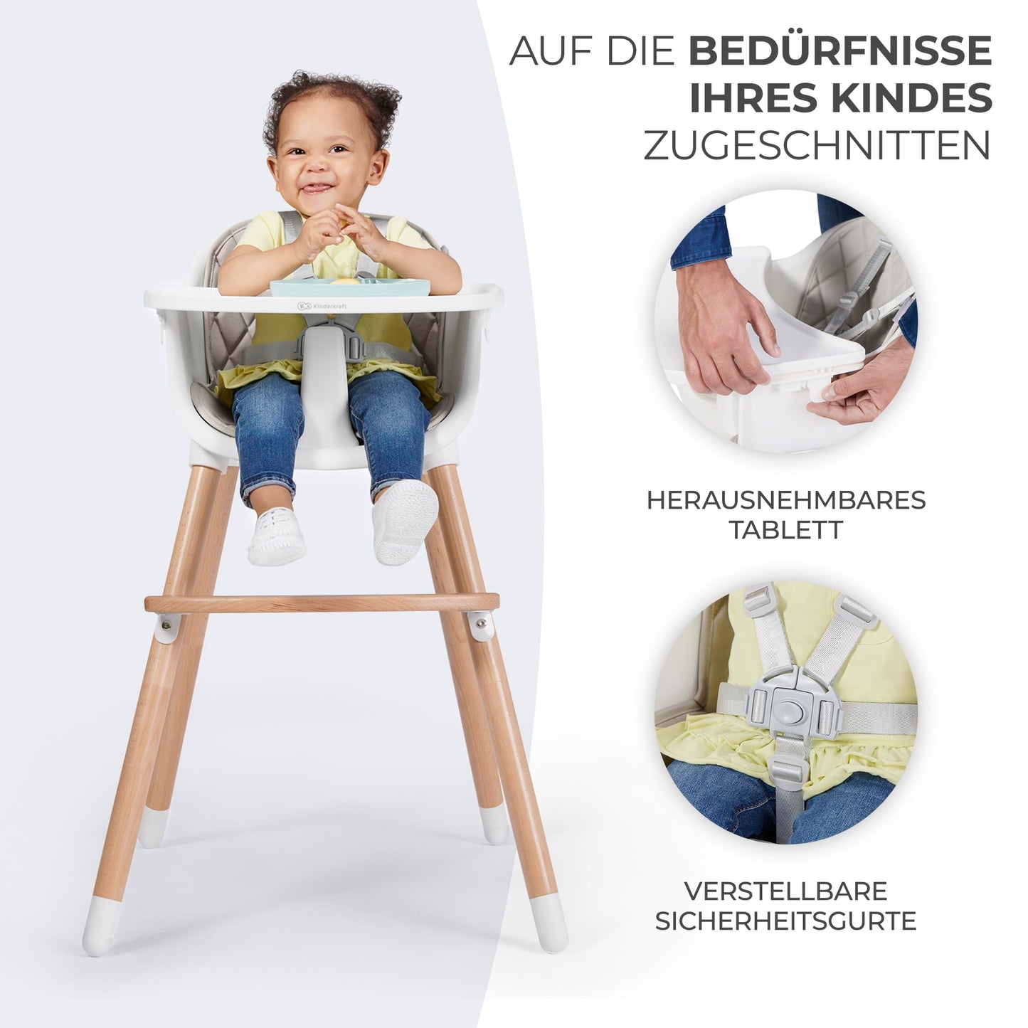 Kinderkraft SIENNA 2-in-1 Baby High Chair with Wooden Legs