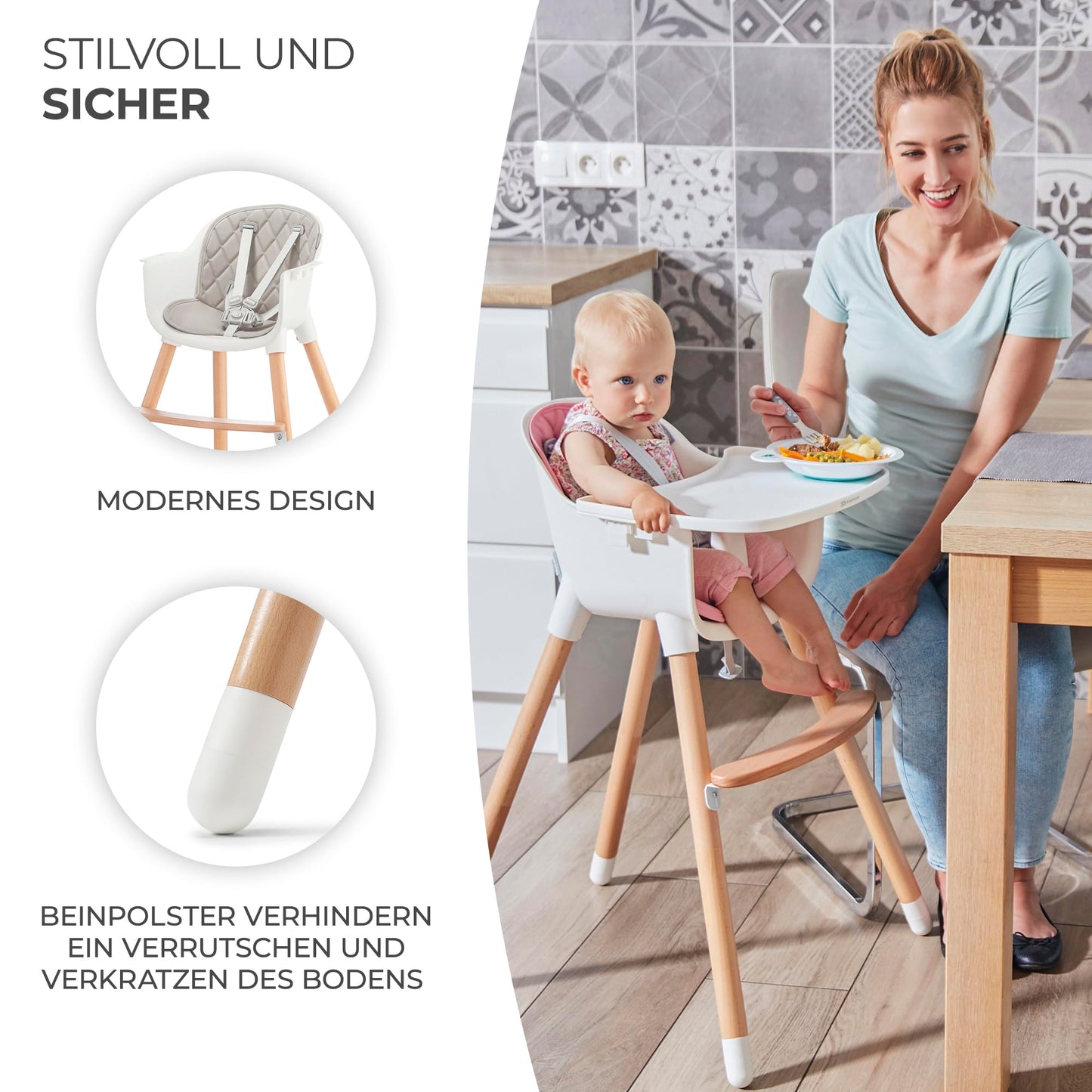 Kinderkraft SIENNA 2-in-1 Baby High Chair with Wooden Legs